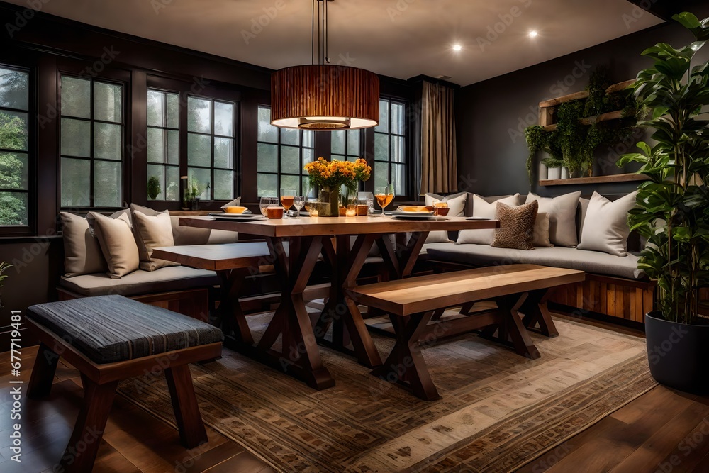 a cozy and inviting dining area with bench seating and plush cushions
