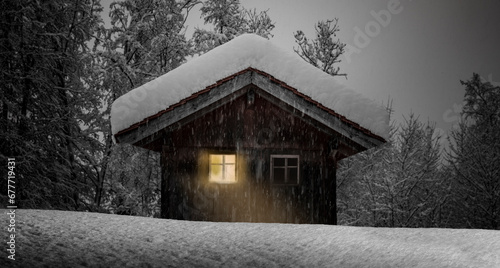 Schneebedeckte Hütte in einem verschneiten Wald