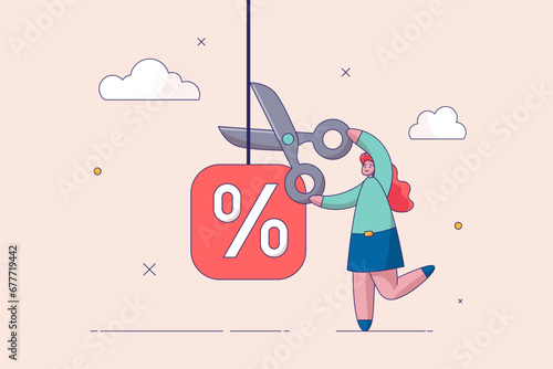 Economic crisis concept. Stop Inflation. Fed raised the central bank interest rate to curb soaring inflation. Businesswoman cuts a percentage mark with scissors. Business flat vector illustration.
