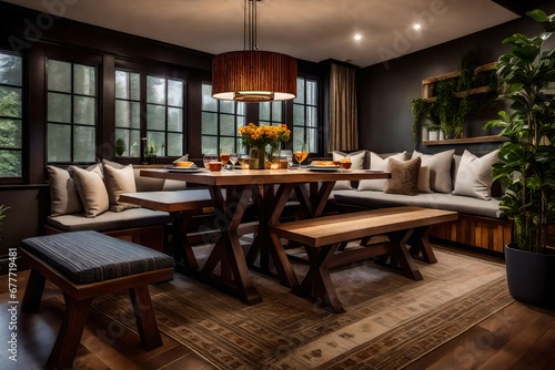 a cozy and inviting dining area with bench seating and plush cushions
