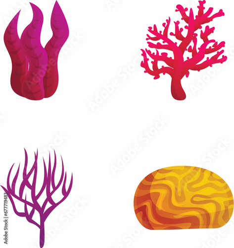 Various algae icons set cartoon vector. Colorful seaweed and coral. Undersea world