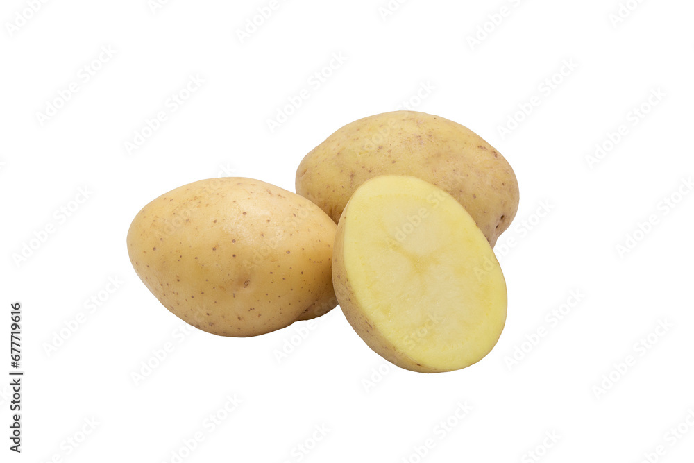 Two potatoes with half potato isolated on a cutout PNG transparent background Two potatoes with half potato isolated on a cutout PNG transparent background