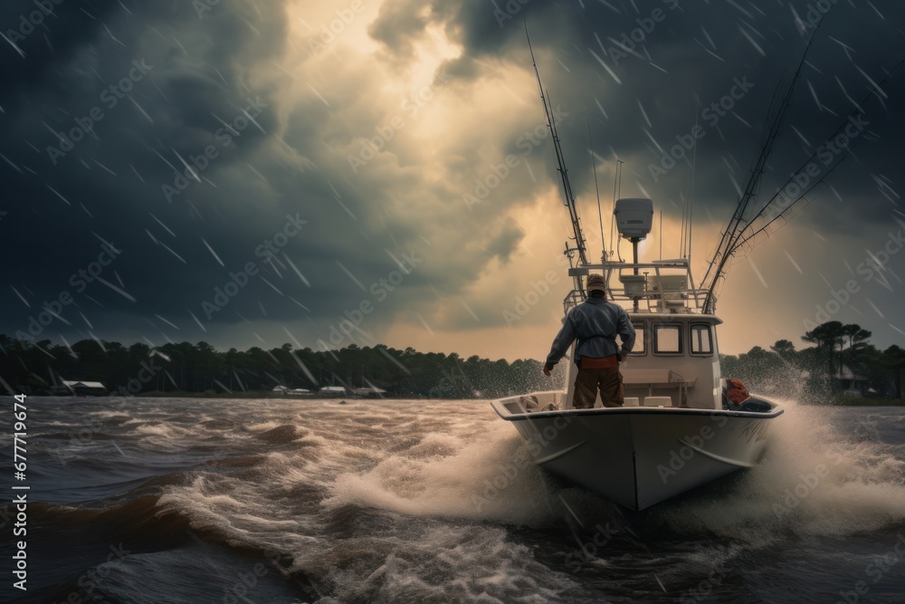 Anonymous fisherman standing in sailing boat against furious tides in ocean in dark cloudy weather - obrazy, fototapety, plakaty 