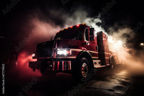 Red fire truck parked on wet road with smoke and glowing headlights during night time