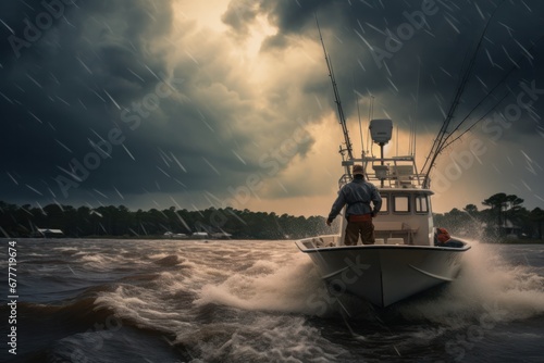 Anonymous fisherman standing in sailing boat against furious tides in ocean in dark cloudy weather