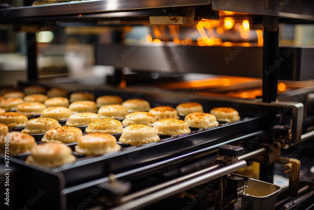 The oven in the bakery. Hot fresh bread leaves the industrial oven in a bakery. Automatic bread production line. The oven in the bakery. Hot fresh bread leaves the industrial oven in a bakery. Automatic bread production line.