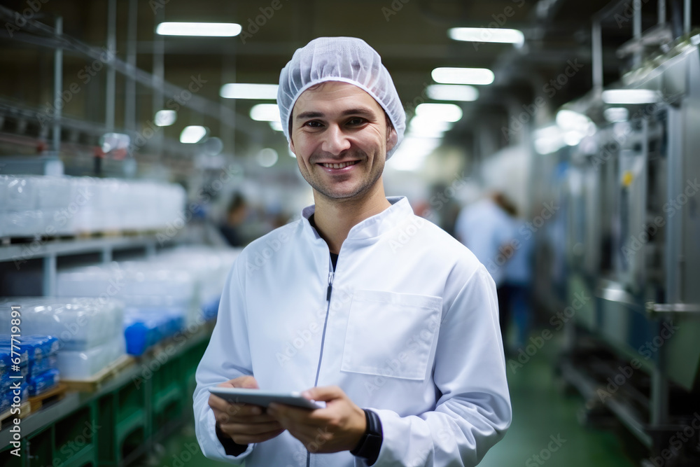 Portrait of smiling young male technologist export with whire uniform and tablet standing by automated machine for Industrial interior of natural juice plant production. Conveyor belt