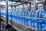 Plastic bottles on conveyor belt being filled with drinking water..