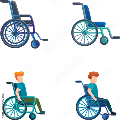 Disability icons set cartoon vector. Man sitting in wheelchair. Boy with walking problem