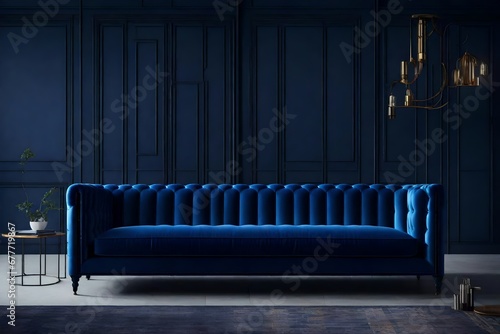 a bold industrial-style sofa in a rich, deep navy blue