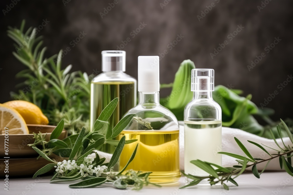 Fototapeta premium Natural skin care beauty products, Natural organic botany extraction and scientific glassware, Blank label cosmetic container for branding mock-up..