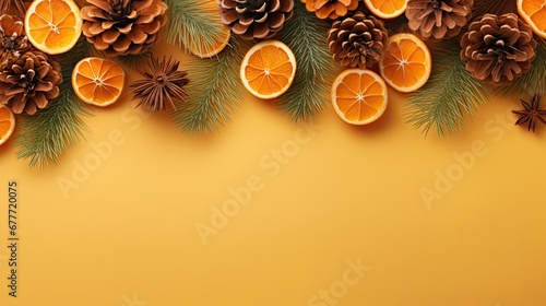  an orange cut in half with pine cones and oranges on a yellow background with pine cones and pine cones on the top of the oranges and pine cones. generative ai
