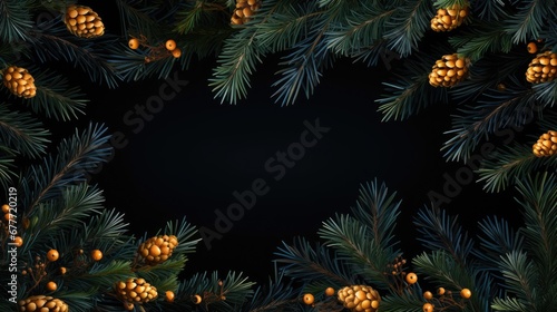  a black background with pine cones and a pine tree branch with cones and a pine cone on the right side of the frame  with a black background of pine cones and.  generative ai