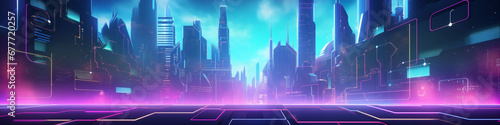 Rectangular blue neon banner  technology futuristic background  cityscape