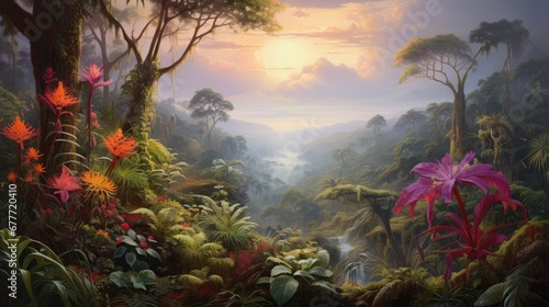  a painting of a jungle scene with flowers and trees in the foreground and a river running through the middle of the jungle, with a sunset in the background. generative ai