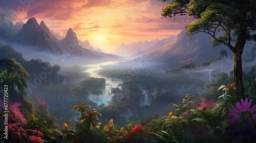  a painting of a jungle scene with mountains, trees, and a river in the foreground with a sun setting in the distance, with clouds and mist rolling in the foreground. generative ai
