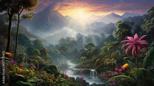  a painting of a jungle scene with a waterfall and a waterfall in the middle of the picture, with pink flowers in the foreground and mountains in the background.  generative ai