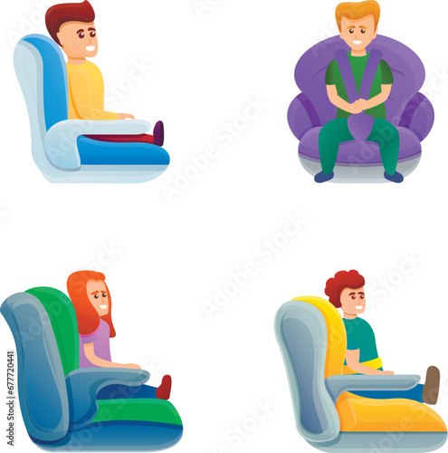 Safety seat icons set cartoon vector. Different type of child restraint. Safety concept