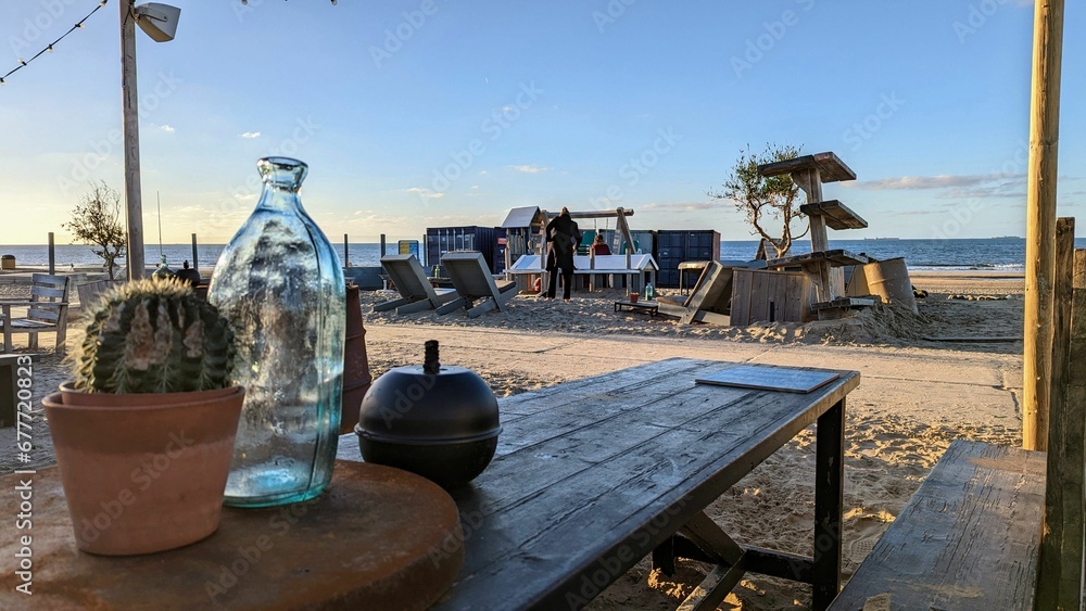 Table with glass bottle and cactus in background of sea
