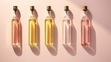  a group of three bottles sitting next to each other on top of a pink surface with a shadow of a person's head on the side of the bottles.  generative ai