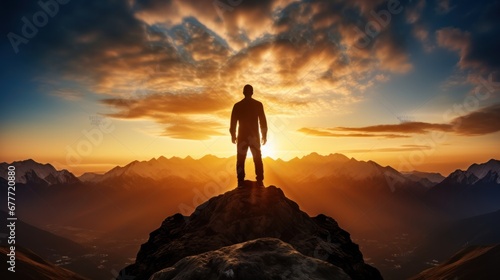 double exposure silhouette photography business male stand and feel happy on the most hight on the mountain, hiking, success, cliff