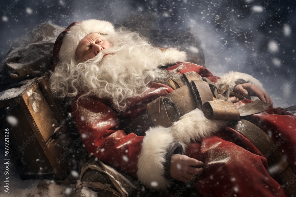 Santa Claus Exhausted and Asleep in the Snow with Gifts Scattered Around