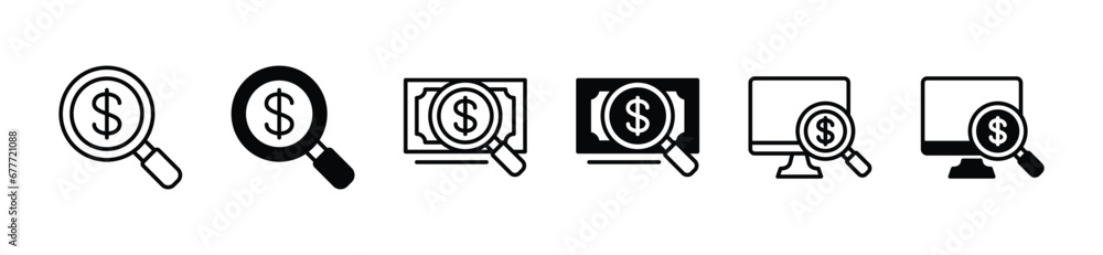 Money search icon set. Magnifier, searching, find, SEO, financial monitoring icon symbol. Vector illustration Money search icon set. Magnifier, searching, find, SEO, financial monitoring icon symbol. Vector illustration