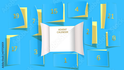 Christmas advent calendar door opening. Realistic an open wide doors on light blue background. Template to reveal a message. Merry Christmas poster concept. Festive vector illustration