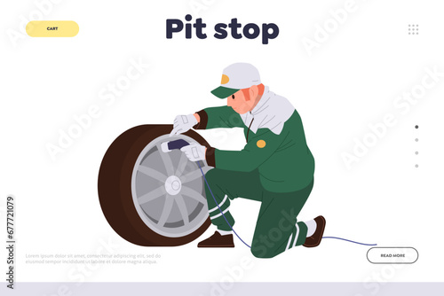 Pit stop landing page with professional mechanic changing wheels providing technical replacement
