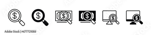 Money search icon set. Magnifier, searching, find, SEO, financial monitoring icon symbol. Vector illustration