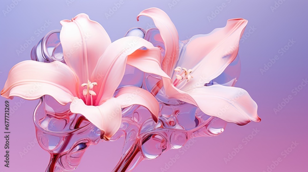  a close up of a pink flower in a glass vase with water on the bottom of the vase and on the bottom of the vase is a blue and pink background.  generative ai