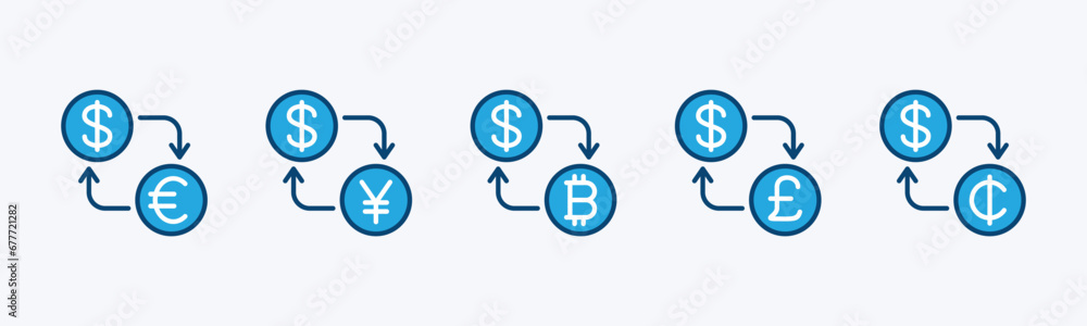 Currency exchange icon set. Money exchange icon. Arrows for transfer, sync, change, switch, replace, reverse, and swap money. Editable stroke. Vector illustration - obrazy, fototapety, plakaty 