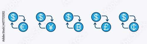 Currency exchange icon set. Money exchange icon. Arrows for transfer, sync, change, switch, replace, reverse, and swap money. Editable stroke. Vector illustration