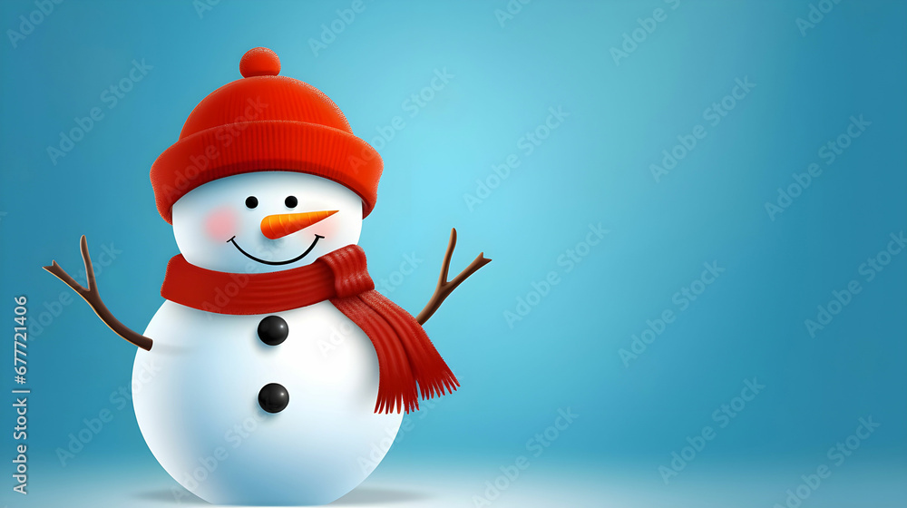 Adorable snowman on a blue background banner, wearing a red knit scarf and hat. 