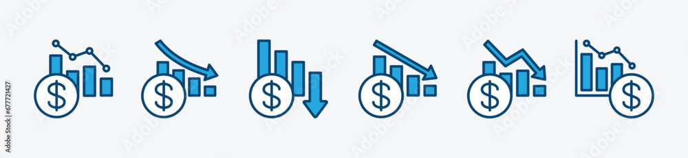 Financial decline graph icon set. Descending financial chart or graph. Decrease money graphic. Down arrow, graph, chart and diagram of finance. Vector illustration Financial decline graph icon set. Descending financial chart or graph. Decrease money graphic. Down arrow, graph, chart and diagram of finance. Vector illustration