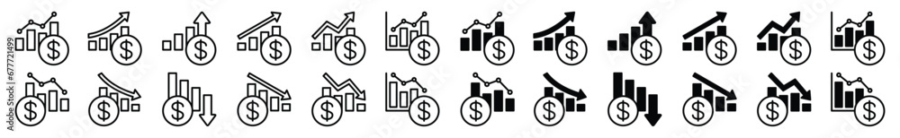 Increase and decrease finance graph icons. Financial graph icon set. Up ...