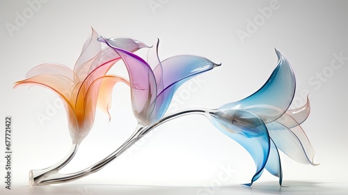  a multicolored glass sculpture of a flower on a metal stem, on a white background, with a reflection of the flower on the side of the glass. generative ai