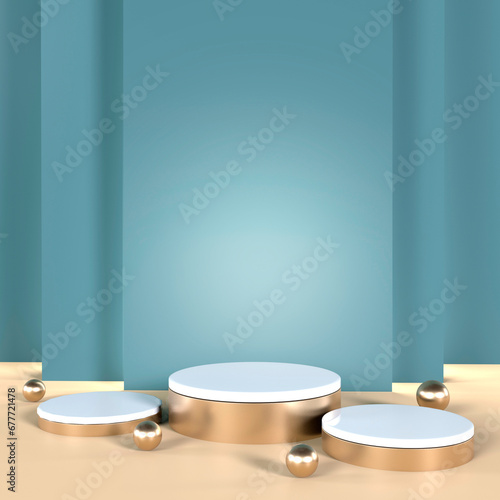 White and gold product display podium with blue and green background. 3d ball elements.