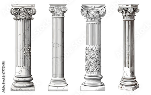 Set of ancient columns. Elements of ancient architecture. Edited AI illustration.
