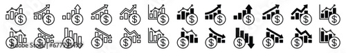 Increase and decrease finance graph icons. Financial graph icon set. Up and down financial chart or graph. Diagram statistic of finance in line and flat style. Vector illustration