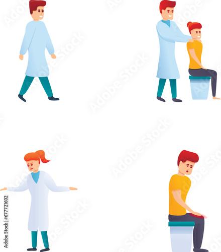 Treatment icons set cartoon vector. People in orthopedic therapy rehabilitation. Rehabilitating and physiotherapy