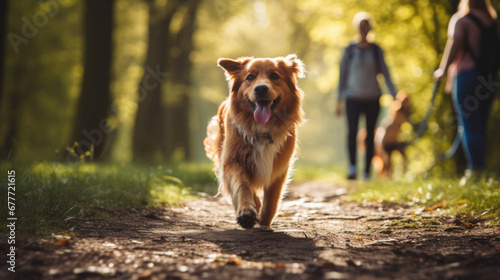 The dog excitedly leading the way on a woodland hike with the family