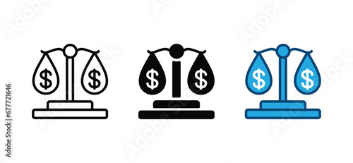 Financial scale icon. Scales of justice with money symbol. Vector illustration