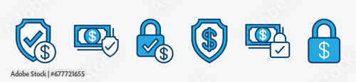Financial security icon. Safe finance icon symbol. Money with shield protection, padlock, and check mark. Vector illustration