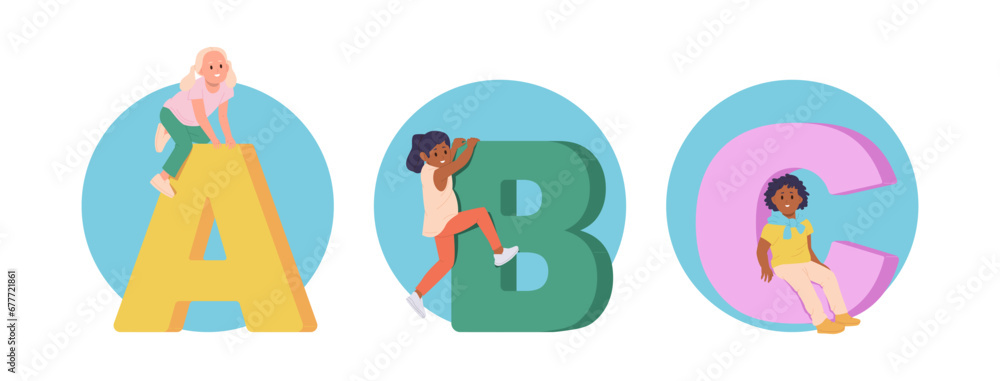 Isolated round icon composition set with happy cute children character and abc English letters Isolated round icon composition set with happy cute children character and abc English letters