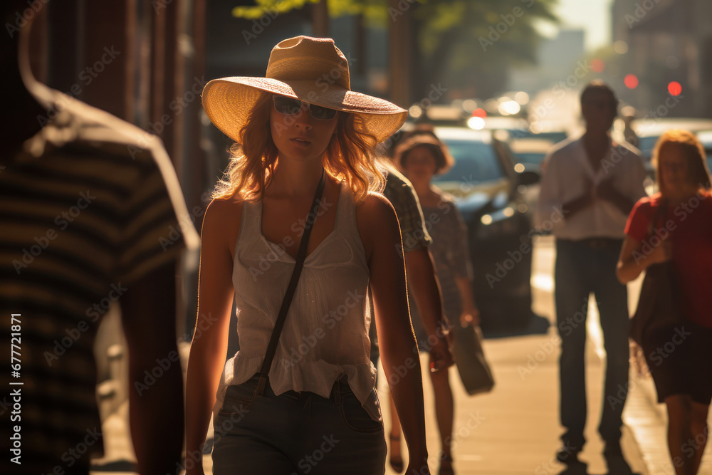 Stylish woman walking on sidewalk during heatwave in city - obrazy, fototapety, plakaty 
