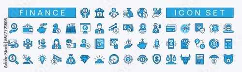 Finance icon vector set. Containing savings, bank, cash, loan, goal, profit, investment, budget, payment, earnings, piggy bank, exchange, increase & decrease, target, support, strategy and more