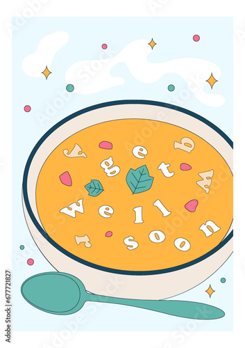 Get well soon card. Positive and motivational poster with greeting quote. Medicine postcard with feel better lettering. Recovery affirmation and wishes. Flat vector Illustration