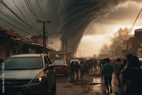 Fotografie, Obraz Crowd on street watching tornado destroying town