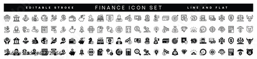Business and finance icon set. Savings, bank, cash, loan, goal, profit, investment, budget, payment, earnings, piggy bank, increase & decrease, target, support, strategy and more. Symbol illustration